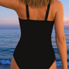 Black one-piece swimsuit back view with adjustable straps and moderate scoop back