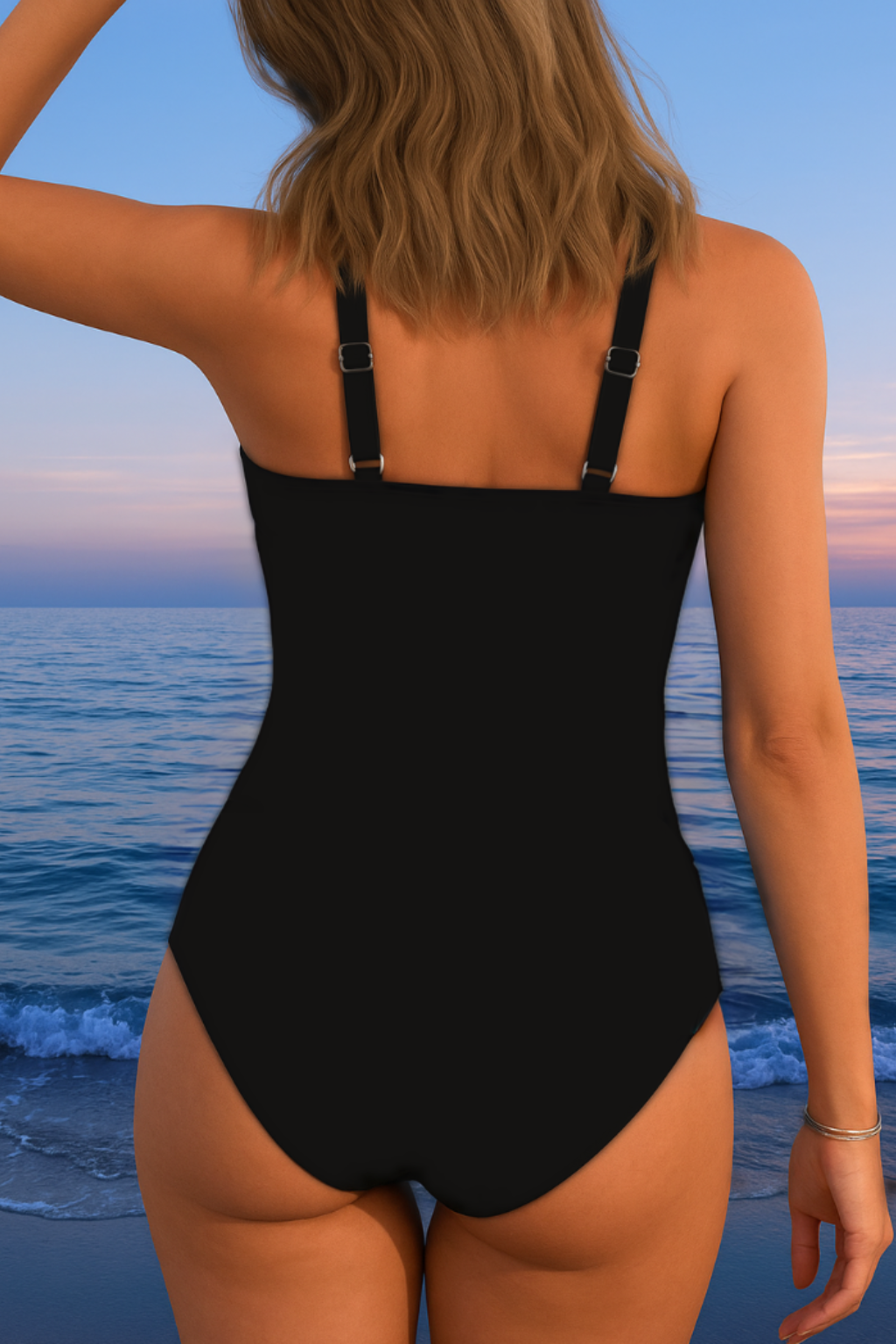 Black one-piece swimsuit back view with adjustable straps and moderate scoop back