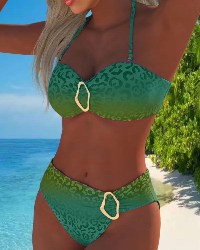 Women’s halter neck leopard print gradient bikini set, green and dark green, ring-detail