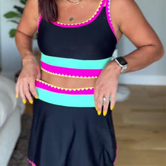Three-piece color block swimsuit with black, hot pink, and turquoise scalloped trim