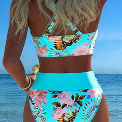 Floral contrast split bikini in light blue with white tropical floral high-rise briefs
