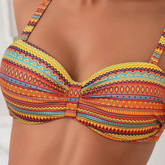 Orange striped balconette bikini top with gathered center and thin adjustable shoulder straps