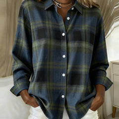 Plaid button-front shirt with notched collar in dark blue and green, long sleeves