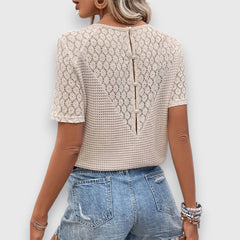 Emanie knit shirt with V-back opening and button placket, lace short sleeves, cream