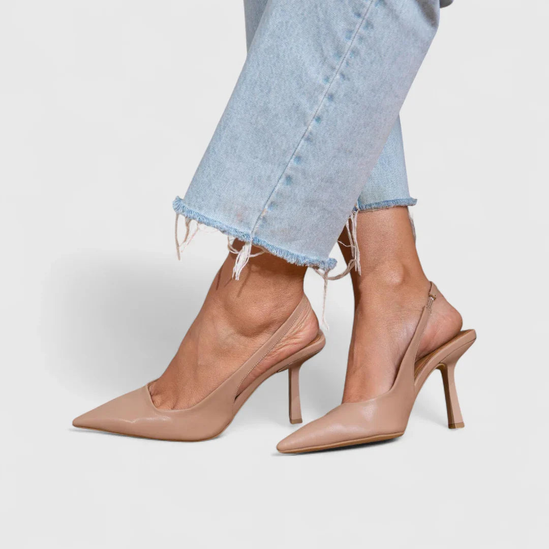 Beige leather pointed-toe orthopedic pumps with block heel and slip-on profile