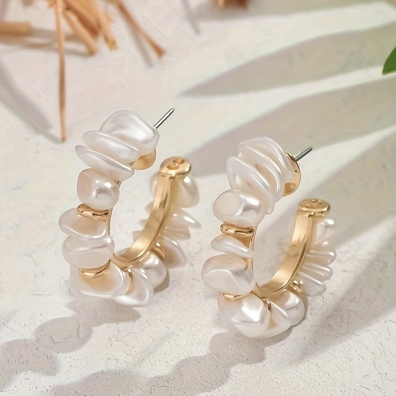 Chunky pearl statement earrings, white pearl links with gold hoops and straight backs
