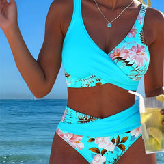 Floral contrast split bikini in light blue and white with tropical floral briefs and crop top