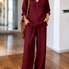 Burgundy long-sleeve two-piece set with V-neck tunic top and wide-leg pants