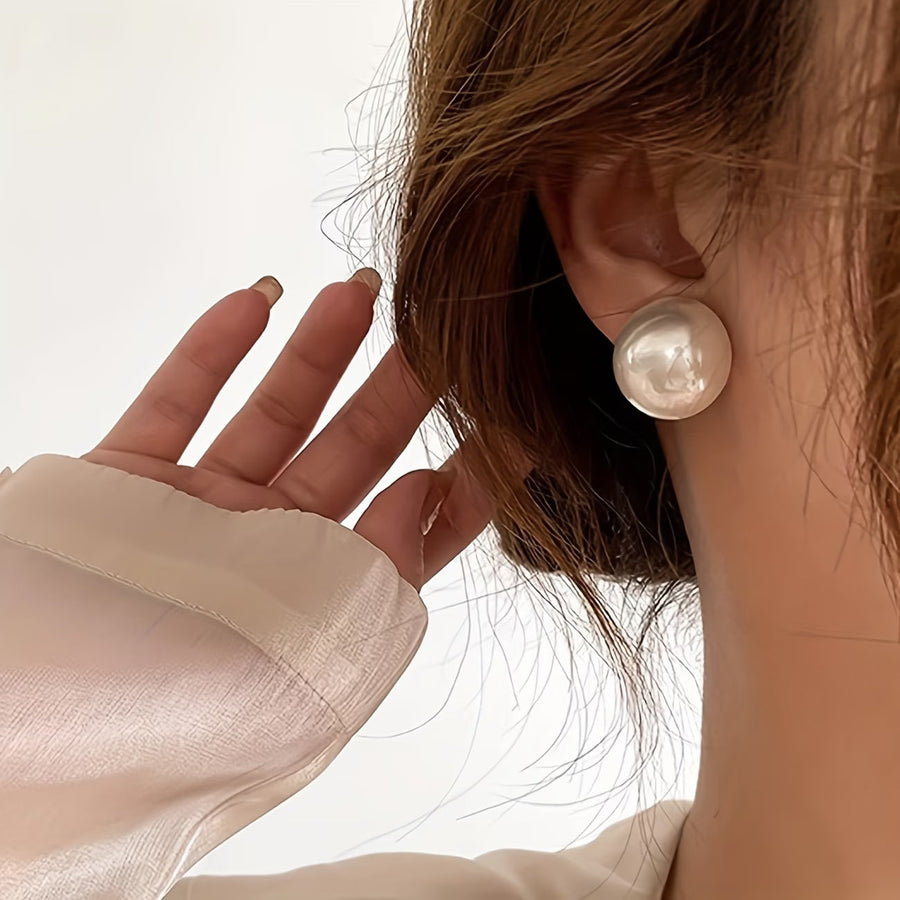 Pearl stud earrings, large round white pearls on posts
