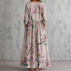 Floral summer dress, back view, 3/4 sleeves, gathered waist, full-length, pink flowers