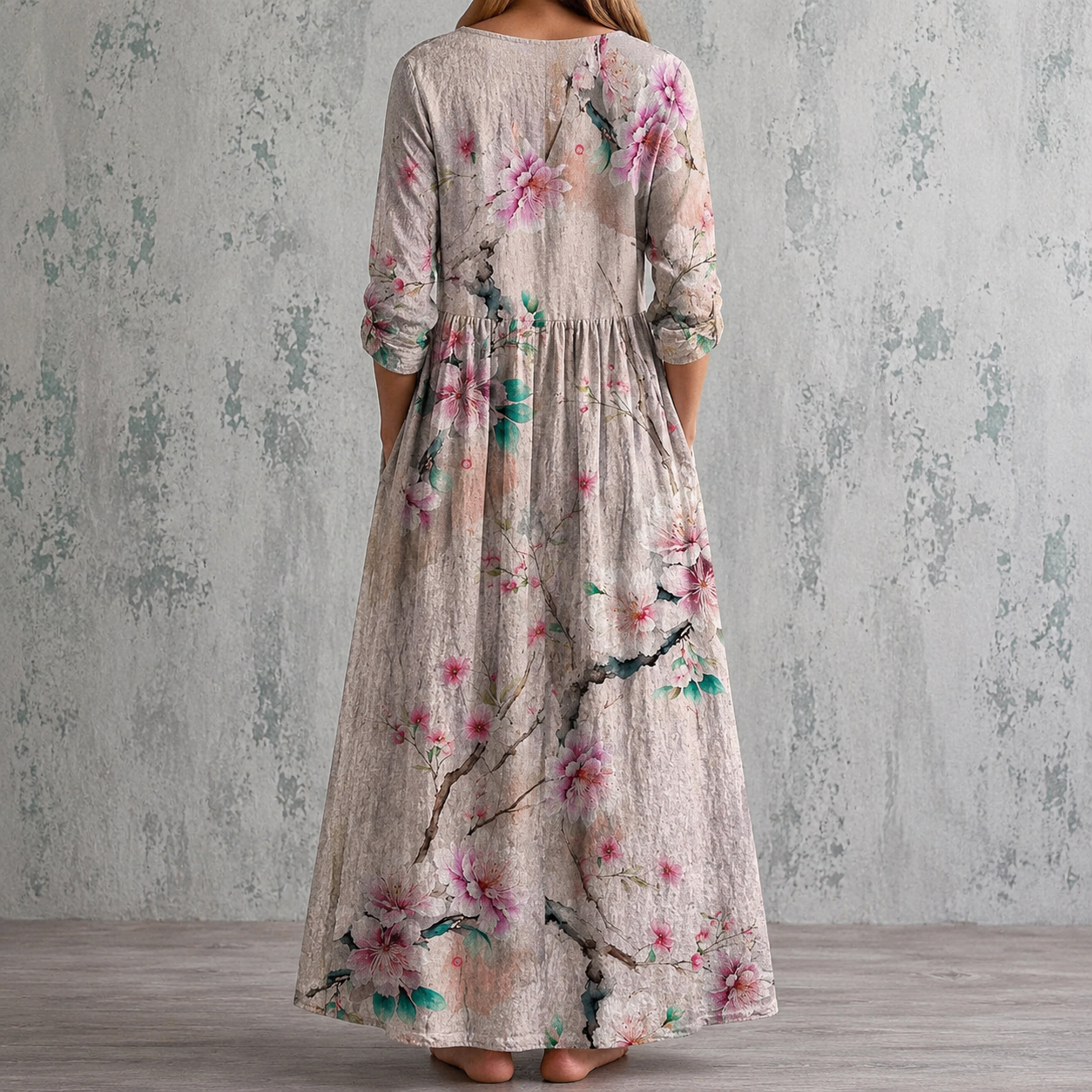 Floral summer dress, back view, 3/4 sleeves, gathered waist, full-length, pink flowers