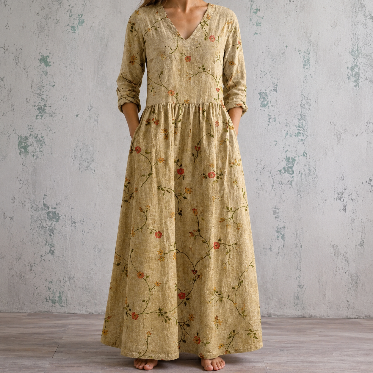 Floral summer dress in light olive with red flowers, V-neck, long sleeves, gathered waist