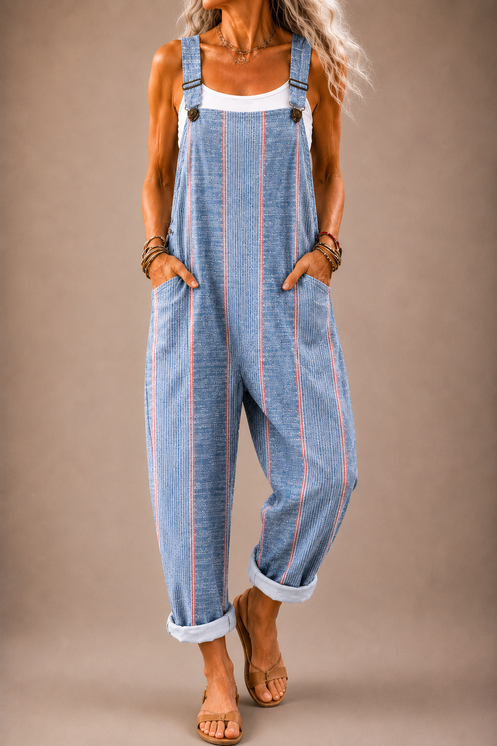Kylie light blue striped denim overalls with adjustable straps and front pockets