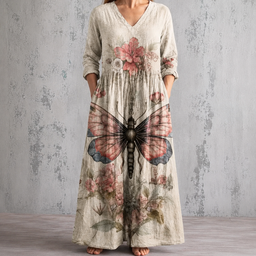 Floral summer dress with V-neck, three-quarter sleeves, gathered waist, butterfly print