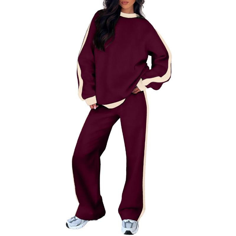 Burgundy 2-piece lounge set with crewneck sweatshirt and loose jogger pants, light contrast side trim
