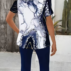 Printed stretch two-piece set, navy capri leggings and patterned short-sleeve top back