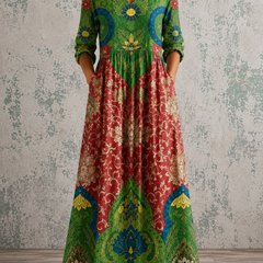 Floral summer dress with V-neck, green red paisley print, gathered skirt, 3/4 sleeves