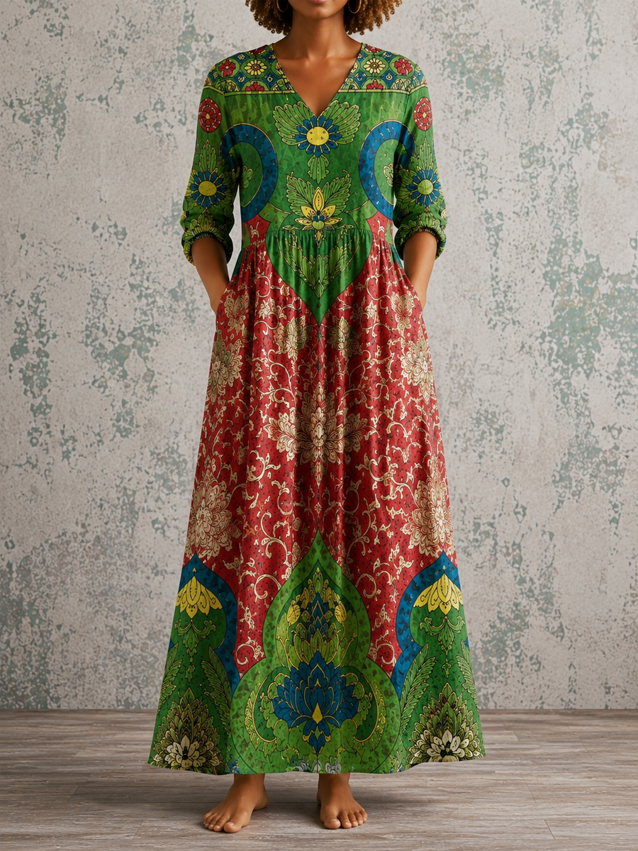 Floral summer dress with V-neck, green red paisley print, gathered skirt, 3/4 sleeves