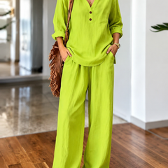 Lime green long-sleeve two-piece set with V-neck tunic top and wide-leg pants