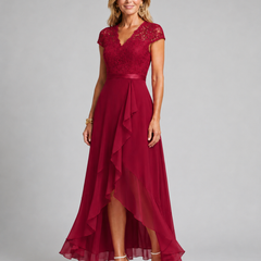 Red lace evening dress with cap sleeves, fitted waist, and asymmetrical ruffle hem