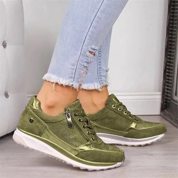 Green metallic zip-up comfort sneakers with lace-up front and side zipper