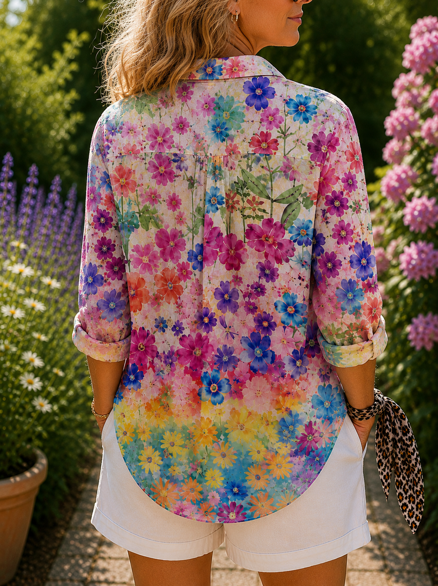 Floral watercolor blouse with back yoke and 3/4 sleeves