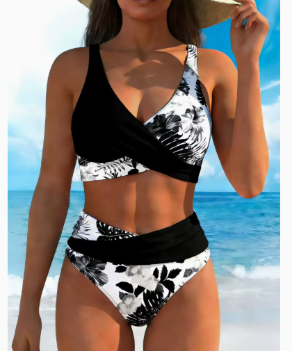 Black floral contrast wrap bikini set with white leaf print high-rise bottoms