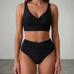 Black shaping bikini set with twist-front bra and ruched high-waist bottoms