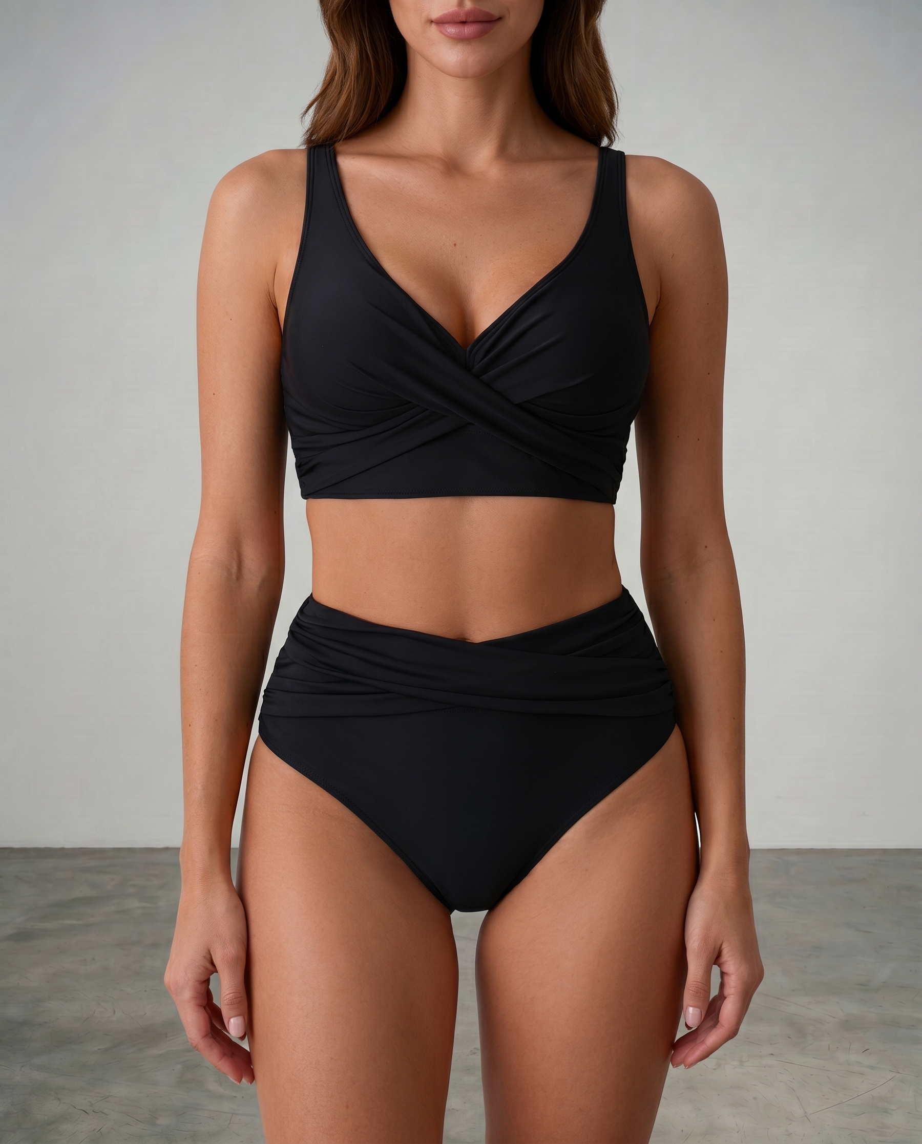 Black shaping bikini set with twist-front bra and ruched high-waist bottoms