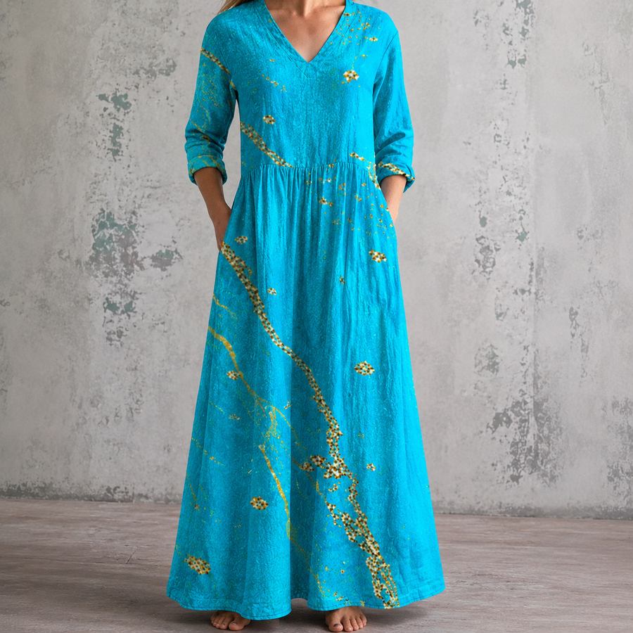 WILLOW™ floral summer dress in teal with V-neck and gathered waist, long sleeves, maxi length