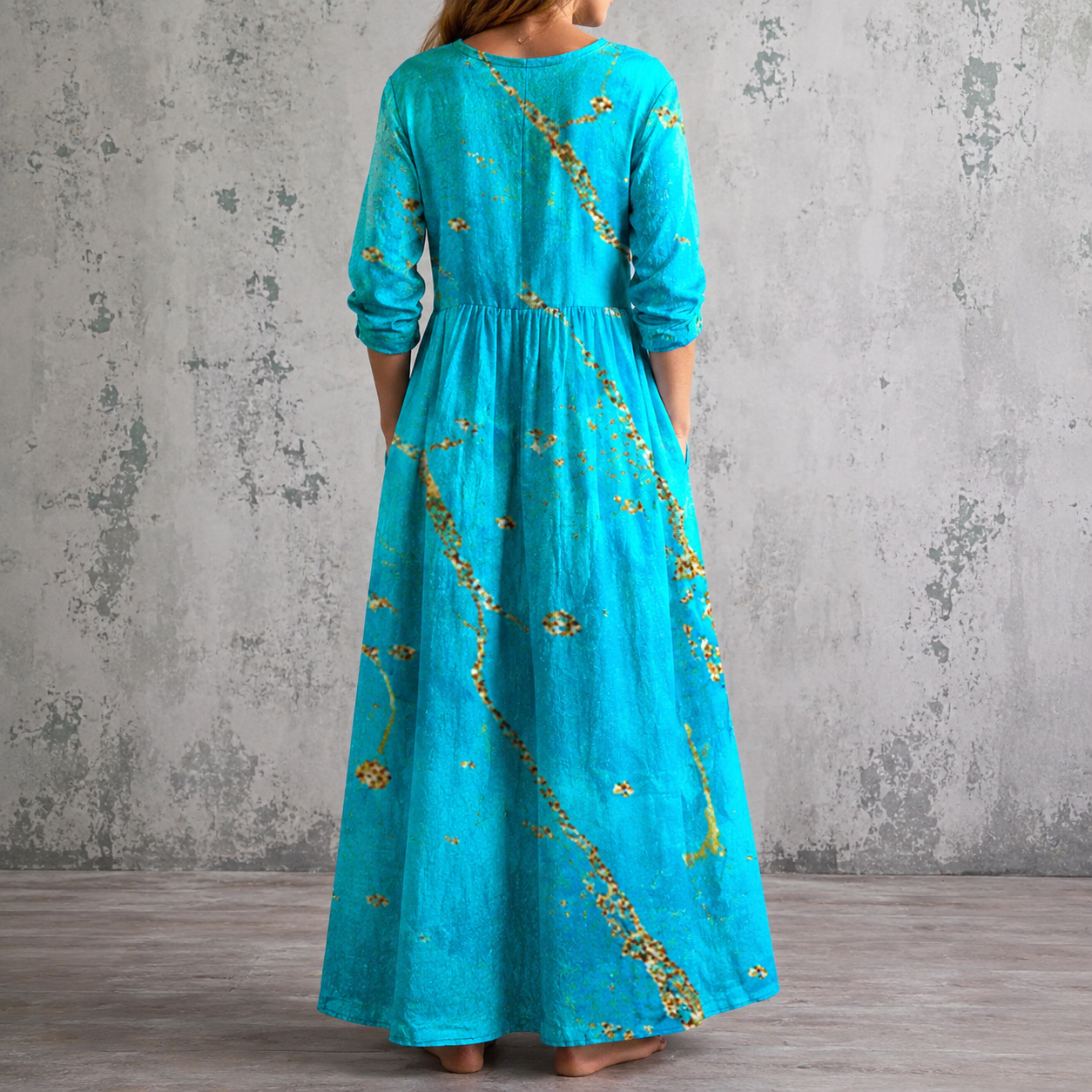 WILLOW™ floral summer dress back view in teal with 3/4 sleeves, gathered waist, long maxi skirt