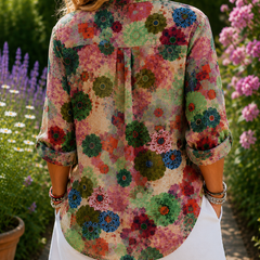 Multicolor floral button-front blouse with 3/4 sleeves, back view