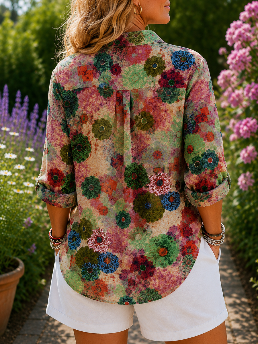 Multicolor floral button-front blouse with 3/4 sleeves, back view