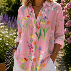 Pink floral spring garden blouse with button-front V-neck and 3/4 sleeves