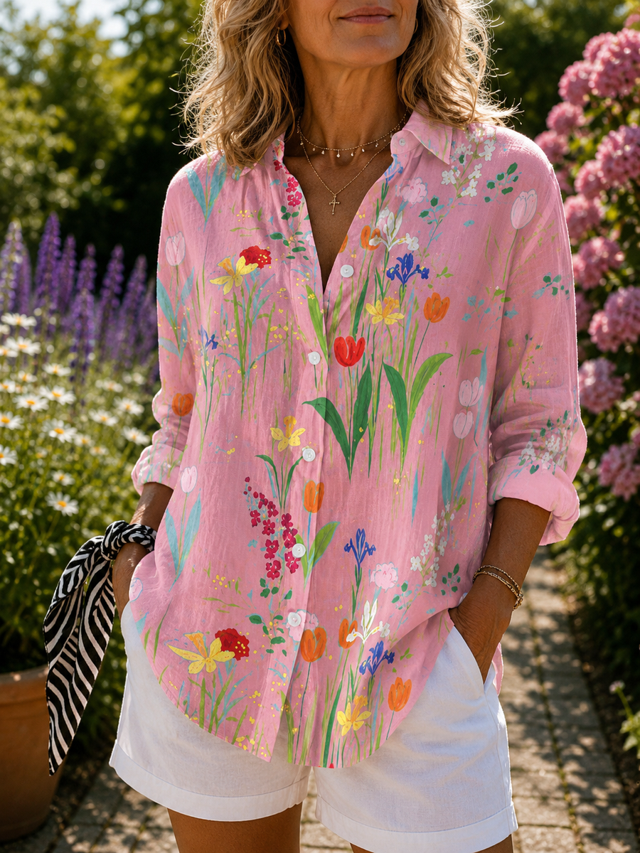 Pink floral spring garden blouse with button-front V-neck and 3/4 sleeves