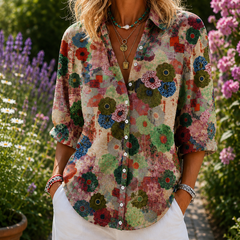 Multicolor floral button-front blouse with 3/4 sleeves and V-neck