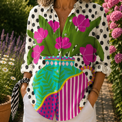 Blooming vase blouse with white polka-dot sleeves and colorful floral striped panel