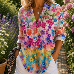Floral watercolor blouse with V-neck, button front, rolled sleeves