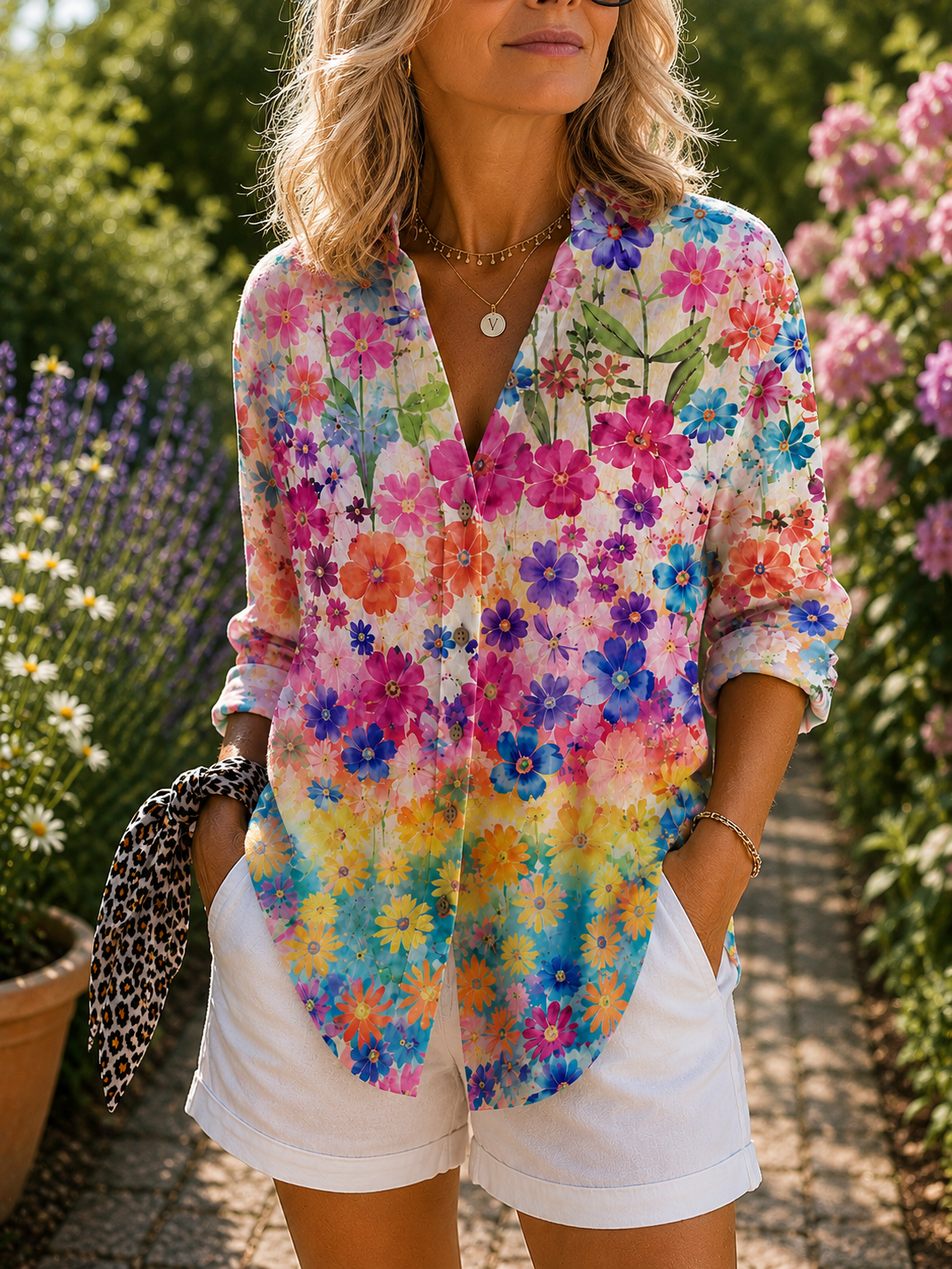 Floral watercolor blouse with V-neck, button front, rolled sleeves