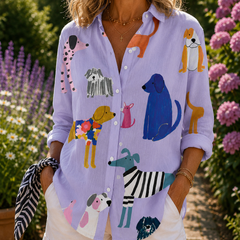 Lavender dog-print button-up blouse with long sleeves and front patch dogs