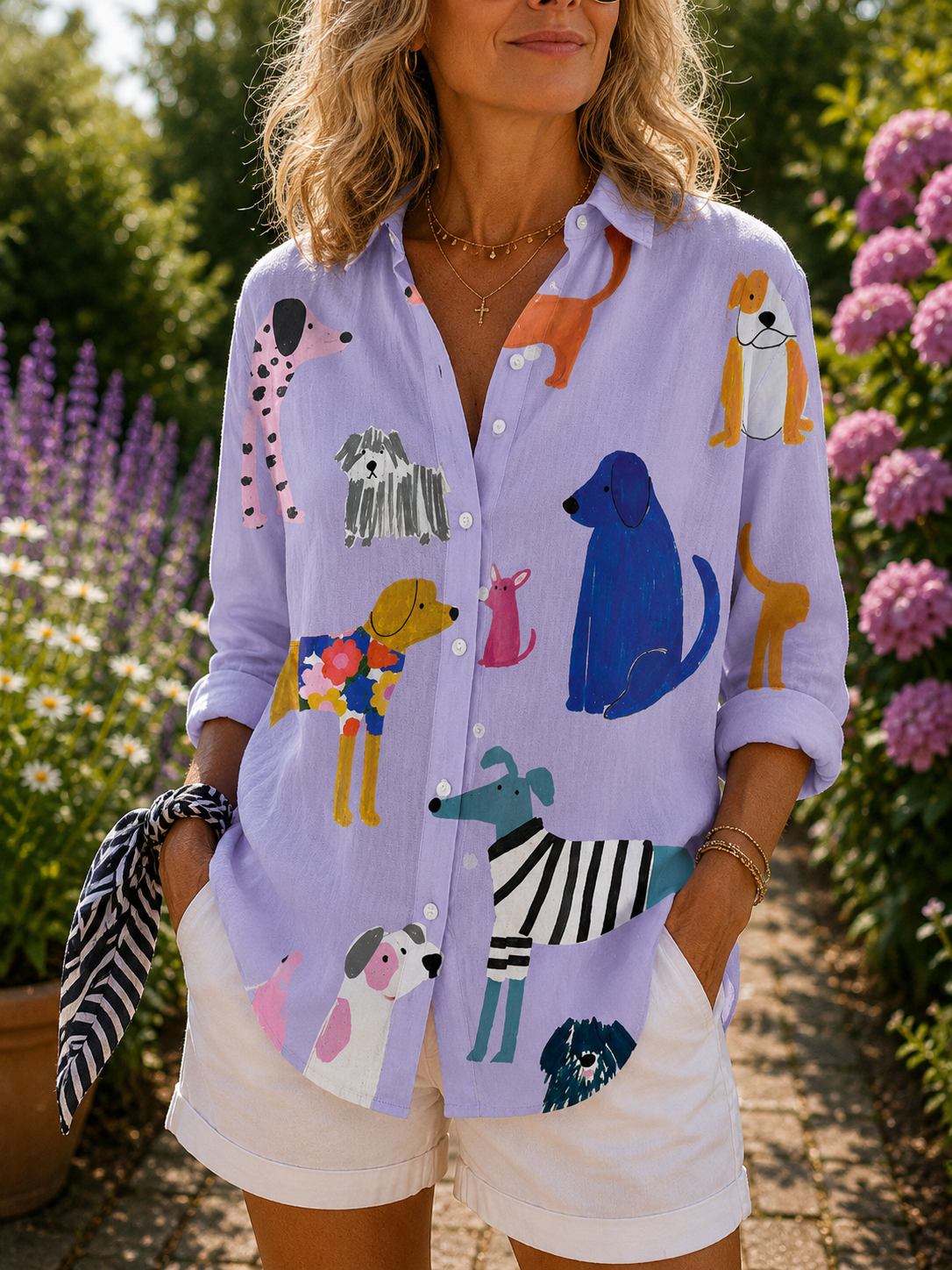 Lavender dog-print button-up blouse with long sleeves and front patch dogs