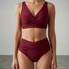 Burgundy shaping bikini set with twist-front bra and ruched high-waist bottoms