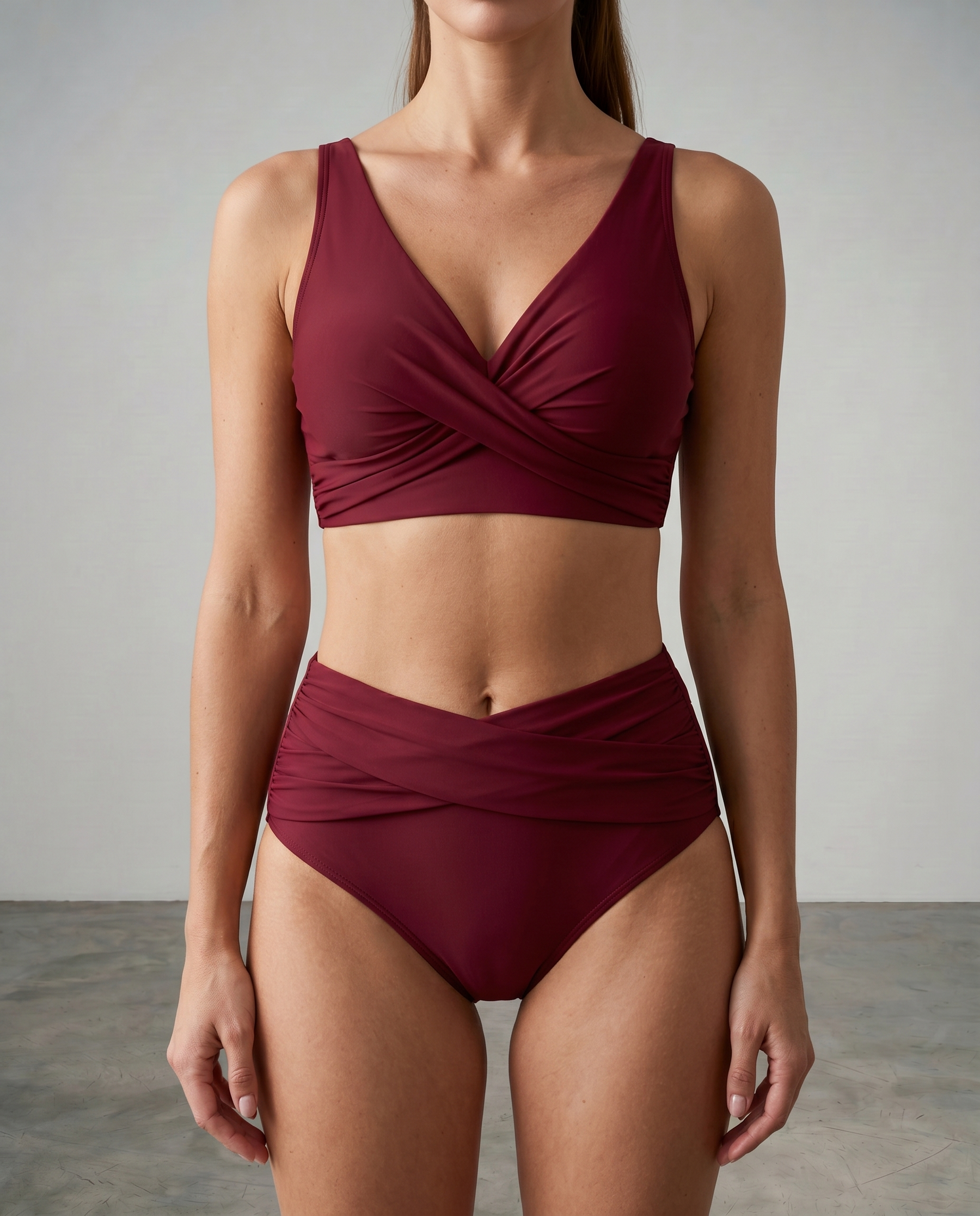 Burgundy shaping bikini set with twist-front bra and ruched high-waist bottoms