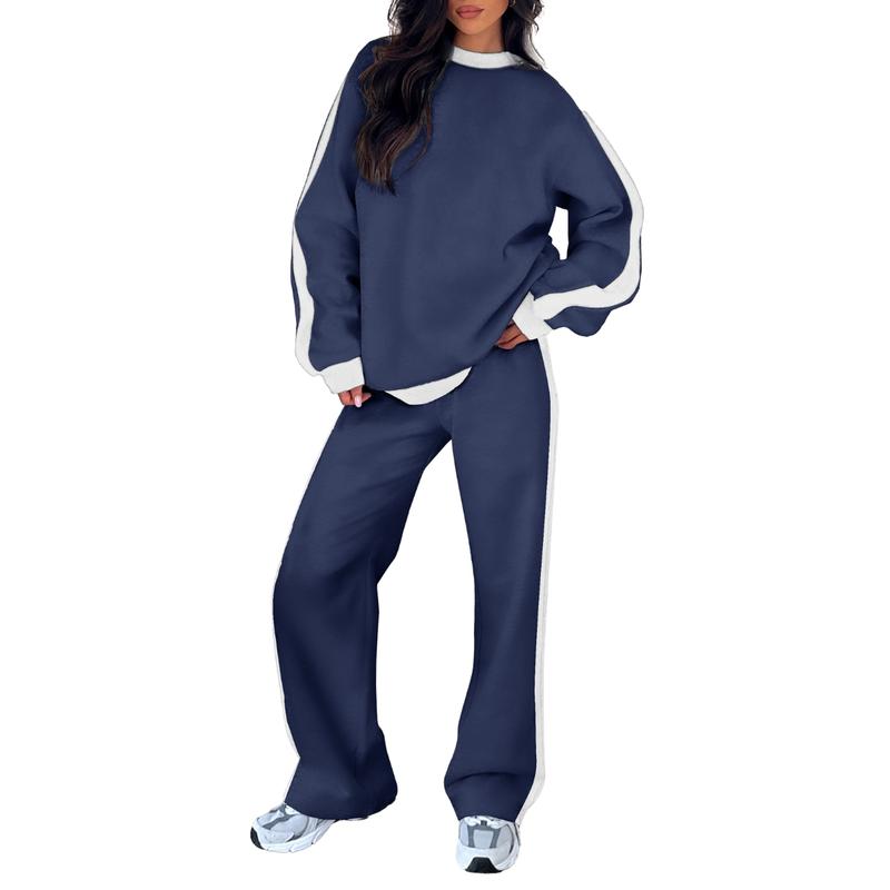 Navy 2-piece lounge set with crewneck sweatshirt and loose jogger pants, light side stripes