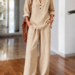 Beige long-sleeve two-piece set with V-neck tunic top and wide-leg pants