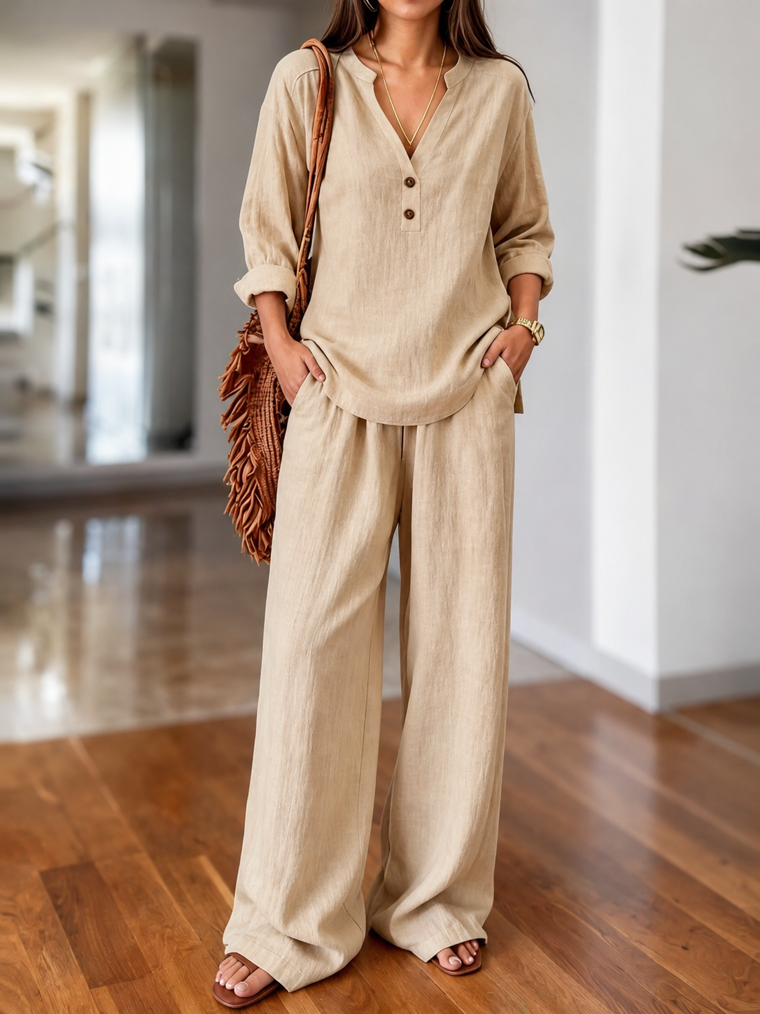 Beige long-sleeve two-piece set with V-neck tunic top and wide-leg pants