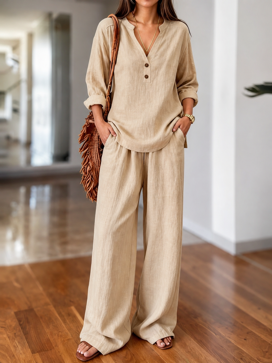 Beige long-sleeve two-piece set with V-neck tunic top and wide-leg pants