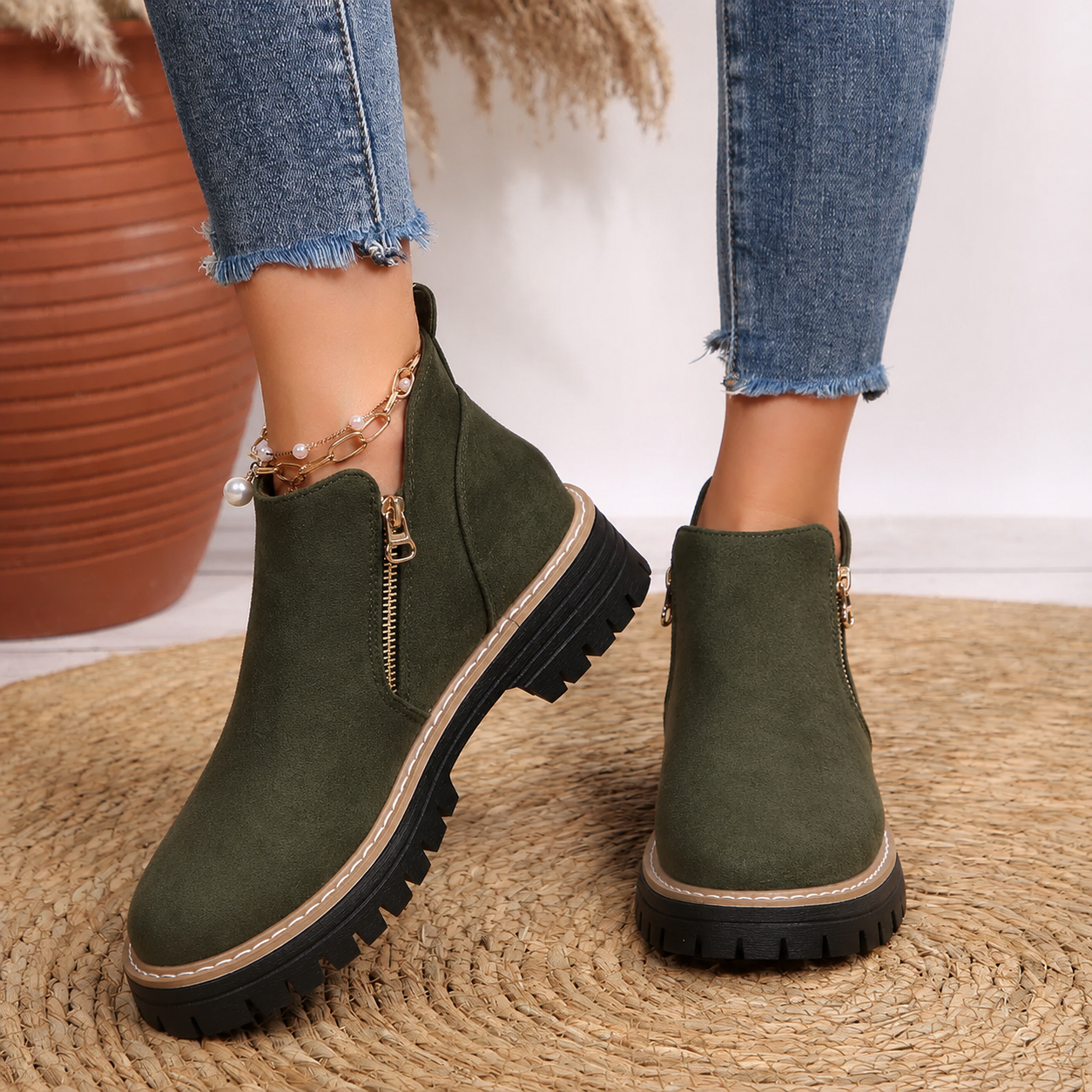 Women’s ankle boots in dark green suede with side zipper and lug sole.