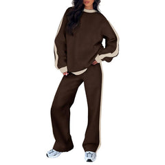 Brown 2-piece lounge set with crewneck sweatshirt and loose jogger pants, light side stripes