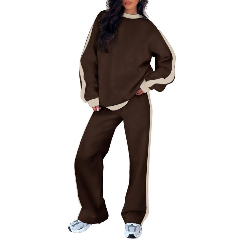 Brown 2-piece lounge set with crewneck sweatshirt and loose jogger pants, light side stripes